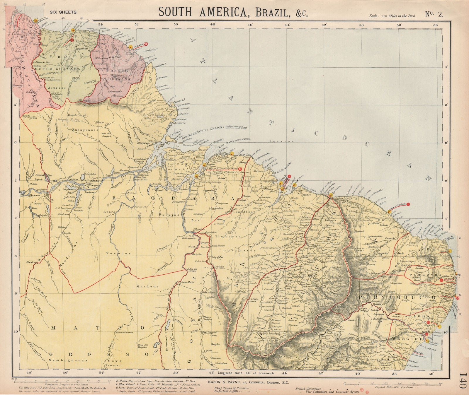 NORTH BRAZIL & GUYANAS. Lighthouses. Graopara Surinam Natal. LETTS 1889 map